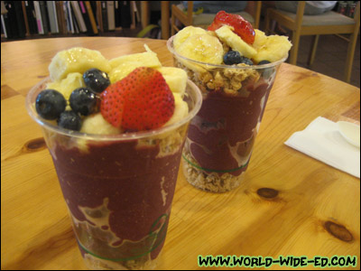 Açai Bowl - Organic Açai topped with strawberries, bananas, blueberries, organic granola, and drizzled with a hint of honey - $6.25