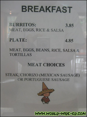 Breakfast Burrito menu with options