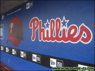 Phillies logo in the Phillies dugout