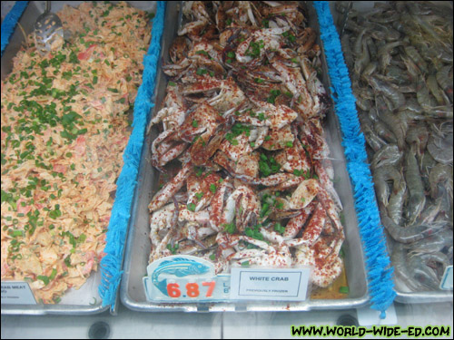 Imitation Crab Meat Masago ($4.37/lb), White Crab previously frozen ($6.87/lb), and 50/60 shrimp [Photo Credit: Arthur Betts]