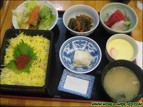 Michinoku Special (Barachirashi, Sashimi, Kobachi, Oshinko, Chawanmushi, Salad, and Miso Soup) - $16.