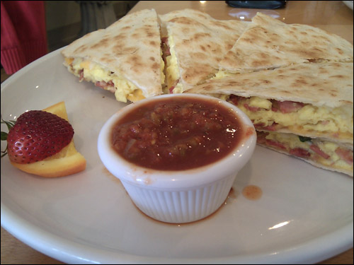 Breakfast Quesadilla - Two flour tortillas grilled with cheese, 2 scrambled eggs and meat of choice. Served with salsa. ($9.50) (Photo Courtesy: Rick Nakama)