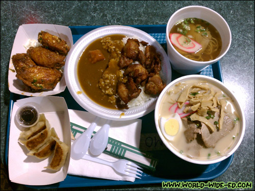 Spicy Chicken Wings appetizer ($3.75), Tonkotsu Ramen ($7.50), and wifey's Mochiko Chicken Curry Combo ($9.50)