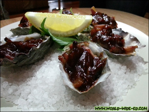 Oysters Kirkpatrick (6 for $24). Raw oysters, barbecue sauce and bacon. 'Nuff said.