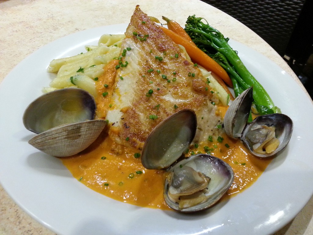 Catch of the Day: Pan seared opah over garlic penne pasta with spicy tomato basil cream sauce & fresh Manila clams
