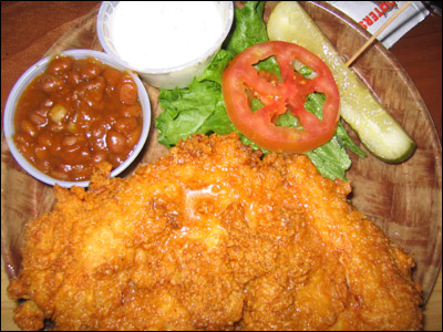 Buffalo Chicken Sandwich with baked beans