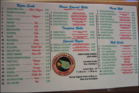 Sushi House Manda menu