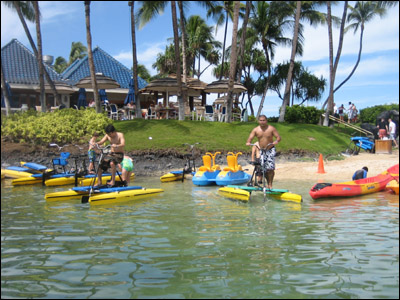 Playing on the water bikes at the Lagoon