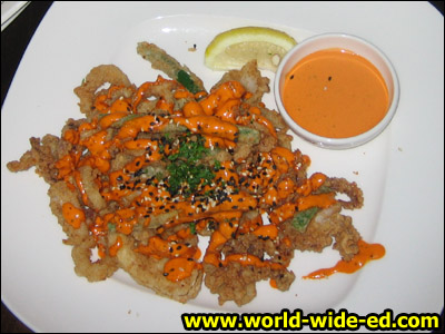 Earth & Surf Calamari - Crispy calamari, tempura vegetables & roasted red bell pepper aioli. ($9.99)