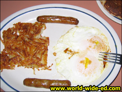 Quick Two-Egg Breakfast: Two Eggs, Two savory pork sausage links (or two bacon strips), plus hash browns and toast