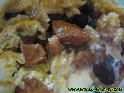 Close up of the Portuguese Sausage Breakfast Burrito innards