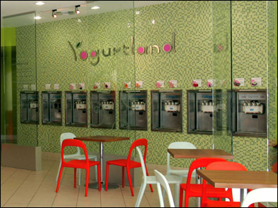 Yogurtland's numerous dispensing machines