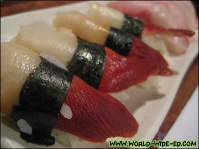 2 orders of hokkigai (surf clam) and 2 orders of hamachi (yellowtail tuna)