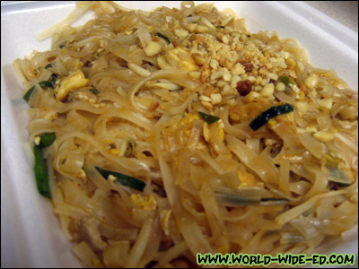 Pad Thai - Rice noodles fried with eggs, chicken & tofu with bean sprouts, chives, in a house Pad Thai sauce ($5.70)