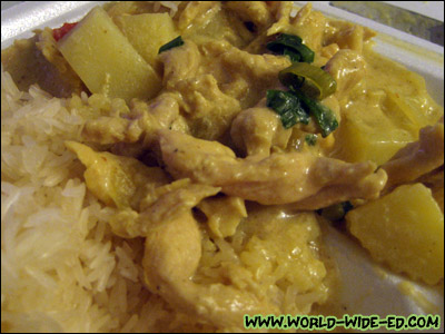 Yellow Chicken Curry - Sliced chicken breast, potatoes, carrots, and onions in yellow curry sauce and coconut milk ($5.70)