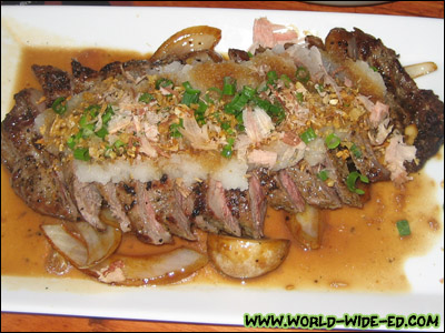 Wafu Style Ribeye Steak with Kabayaki Braised Mushrooms and Onions, Daikon Oroshi, Garlic Chips, and Ponzu Sauce (12oz - $16, 16oz - $22)