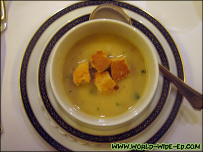 Ketchikan Fisherman's Chowder - Halibut, salmon, cod, shrimp, thyme, celebry, red-skin potato and corn braised in a creamy clam soup, served with sourdough croutons.