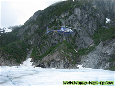 Helicopter landing on Mendenhall glacier