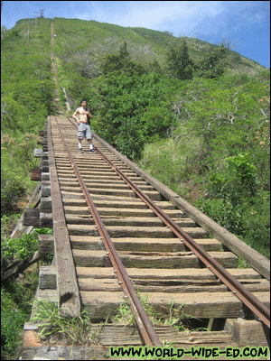 Mark coming down over the bridge on the Koko Head trail