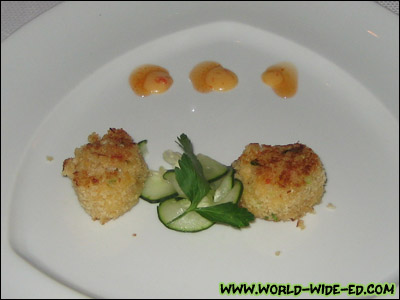 Dungeness Crab Cakes - Spiral shaved cucumber and sweet chili-mustard sauce