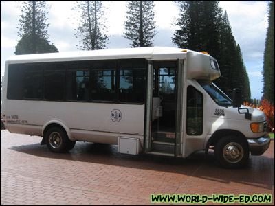 Lana`i shuttle arriving at the Lodge at Koele