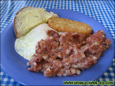 Regular Breakfast - 2 Eggs, Choice of Meat (Portuguese Sausage, Patty Sausage, Corned Beef Hash, Spam, Bacon, Ham), served with Rice, Fried Rice, Hash Brown or Toast - $7.50