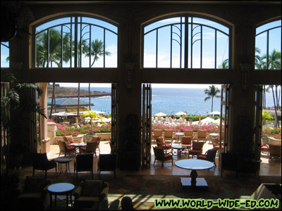 Looking out into Hulopo`e Bay from the Manele Bay resort lobby area