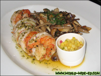 "Design Your Entrée": Grilled Tiger Prawns with Mango Relish and Sauteed Hamakua Mushrooms (Garlic Butter) - $33