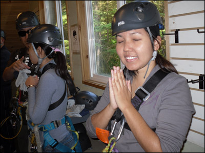 Leanne saying her prayers before flying through the air. [Photo credit: Lee Kojima]