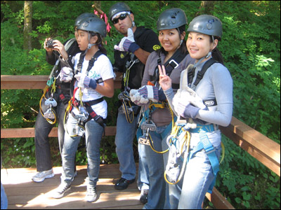 Aunty Amy, Kerri-Ann, Lee, Leanne and wifey waiting their turn for the practice zip line