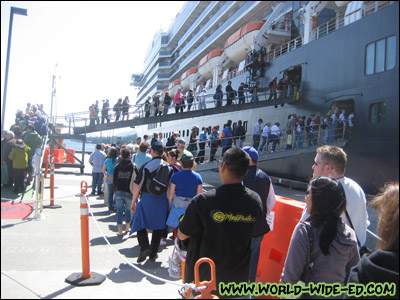 Waiting in line to board our ship