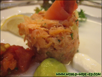 Dialogue of Alaskan Salmon Tartare with Avocado - Cold-smoked, pickled and chipotle-hot-smoked salmon with lime-avocado-tomato salsa