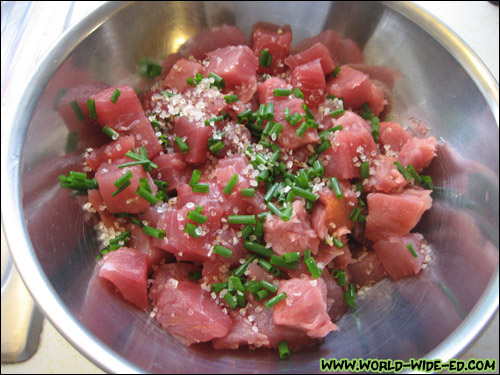 Diced/Cubed Ahi blocks with Hawaiian salt and green onions added (props to Ryan Moriguchi for reeling in the fish!)