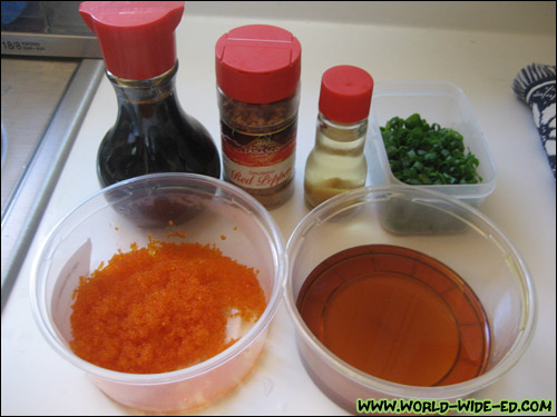 Ingredients for my poke - Shoyu, chili pepper flakes, chili pepper water, green onions, tobiko, and Kadoya sesame seed oil