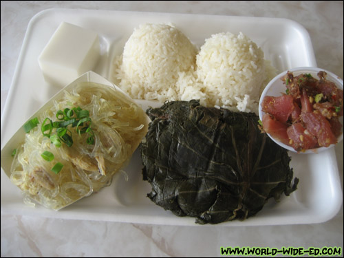 My "custom" plate with Lau Lau and Chicken Long Rice, which included Limu Poke, Haupia and two scoops rice!