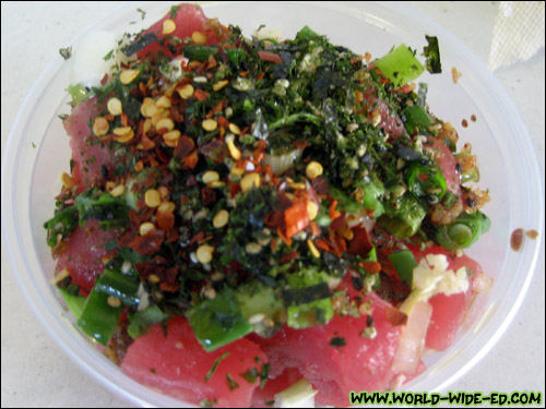 My batch of poke had furikake, sesame seeds, chili peppers, garlic, inamona, green onions, sesame seed oil and chili pepper water - $6