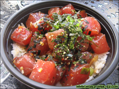 Small Hot Shoyu Ahi Poke Bowl with Furikake and Seaweed Salad on White Rice
