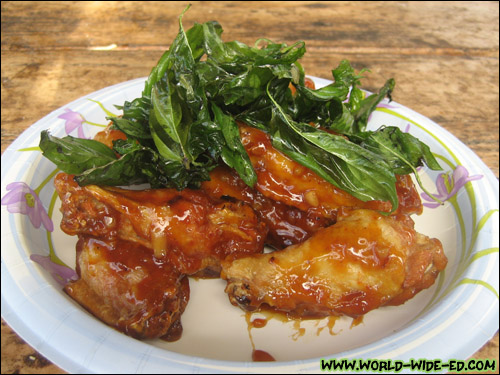 Spicy Glaze Garlic Chicken Wings (with deep fried basil) - $7.95