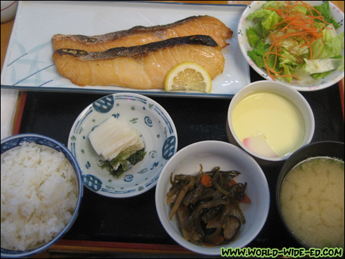 Salmon Teishoku (with Kobachi, Oshinko, Chawanmushi, Salad and Miso Soup) - $14