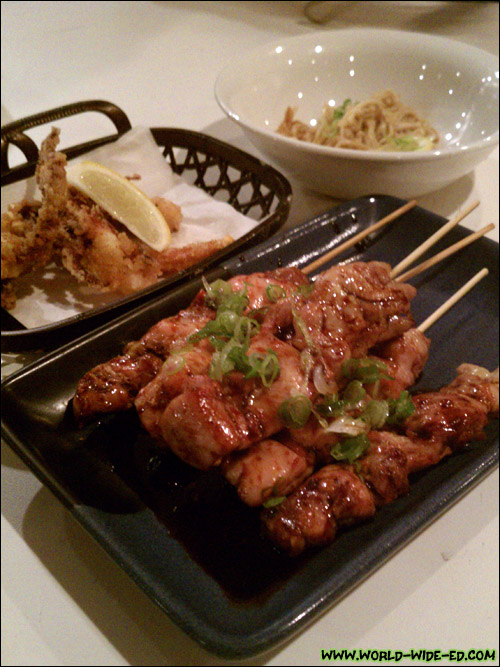 Yaki Tori Kushi Yaki (chicken skewers), Geso Kara Age (deep fried squid legs), and the Enoki Bata