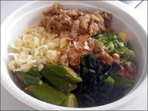 Yajima-Ya Bukkake Udon/Soba (beef, seaweed, natto and mountain vegetables over cold noodles) - $8 [Photo Credit: Tomoki Ito]