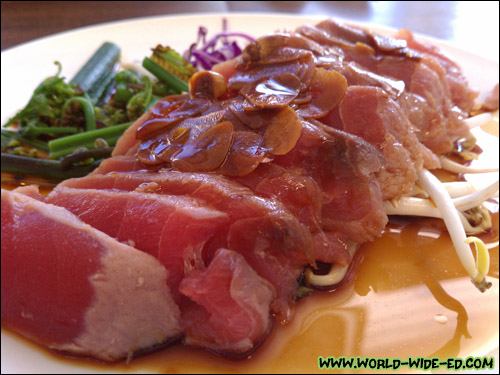 Ethel's Famous Tataki Sashimi - fresh tuna lightly seared served on a bed of bean sprouts and drizzled with sesame oil and Ethel's Garlic-Shoyu Sauce ($5)