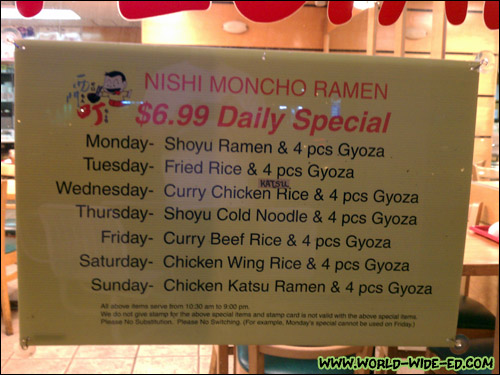 Some of the other daily specials at Nishi Mon Cho Ramen