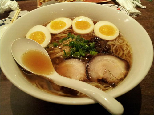 Shoyu Ramen ($6.95) with extra Chashu Pork ($2.50) and two Nitamago (soft boiled egg) ($1.50 each) [Photo Credit: Jeff Hee]