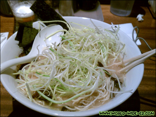 Tonkotsu Ramen ($6.95) with Nitamago ($1.50), Nori ($0.75) and Shredded Green Onion ($0.75)