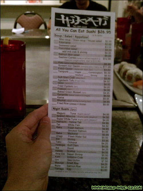 All you can eat sushi menu from Hikari