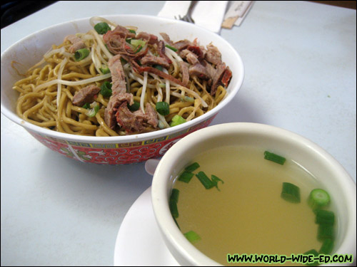 Sam Sato's Dry Mein order with broth (S - $4.95, L - $5.75, Double - $7.25)
