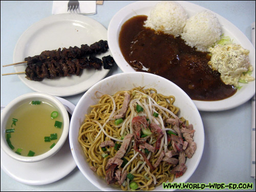 BBQ Beef Sticks, Dry Mein and Hamburger Steak ($7) from Sam Sato's