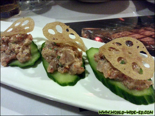 Japanese Yellowtail Nori Aioli Poke with Crispy Lotus Root Chips and Tobiko ($14.95)