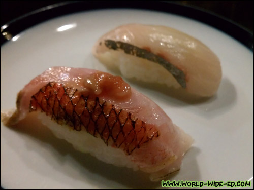 Shimaaji from Shikoku (background) & Golden Eye Snapper with Shiokara on top (foreground)